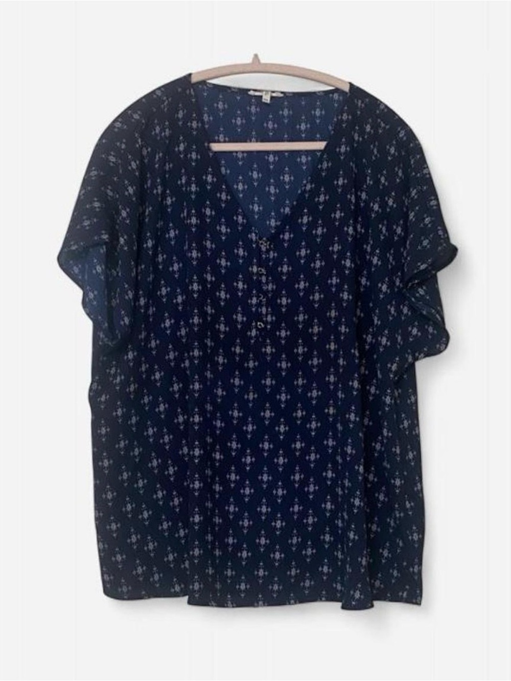 Maurice’s Navy and White Patterned V-Neck Blouse
